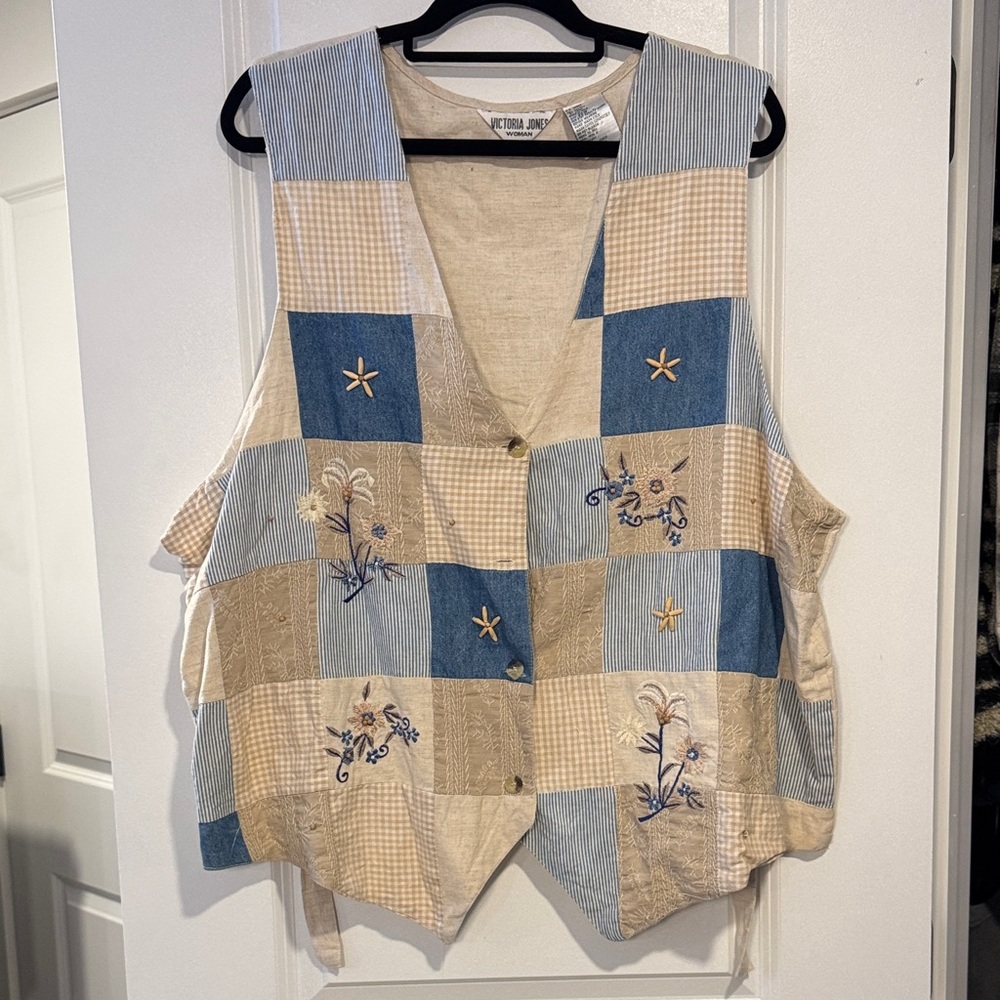 Victoria Jones Woman Blue and Beige Patchwork Vest